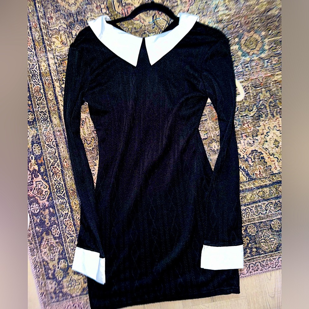 never worn black long sleeve mini dress with white pleating